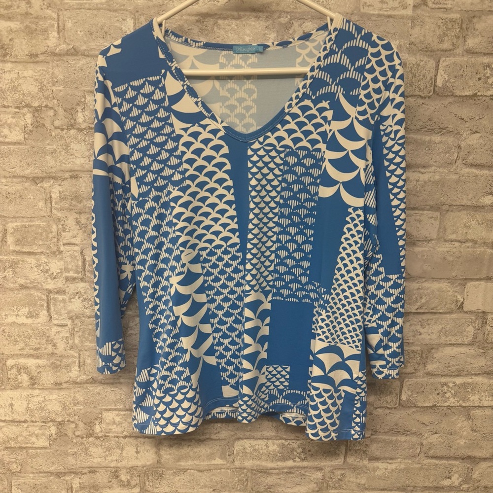 J. McLaughlin Long Sleeve Top Women’s Large Spandex Blue White Pattern